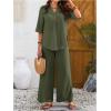imageSOLY HUX Womens 2 Piece Outfits Summer Half Sleeve Notched V Neck Tops and Wide Leg Pants SetPlain Army Green