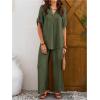 imageSOLY HUX Womens 2 Piece Outfits Summer Half Sleeve Notched V Neck Tops and Wide Leg Pants SetPlain Army Green