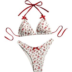 imageSOLY HUX Bathing Suit for Women Floral Print Halter Triangle Swimsuit Two Piece Bikini SetsMulticoloured Floral