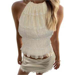 imageSOLY HUX Open Back Halter Tops for Women Tie Backless Ruffle Crop Tops Sleeveless Y2K Going Out CamisolesPure Apricot