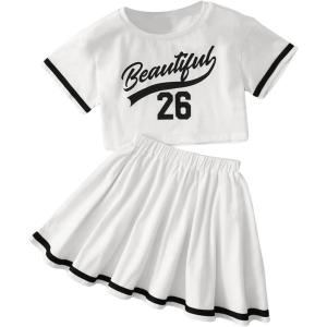 imageSOLY HUX Toddler Girls 2 Piece Outfits Letter Print Short Sleeve Tee and Pleated Skirt SetWhite Letter