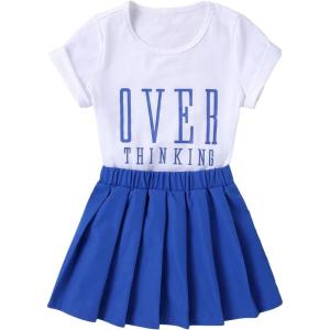 imageSOLY HUX Toddler Girls 2 Piece Outfits Letter Print Short Sleeve Tee and Pleated Skirt SetWhite and Blue