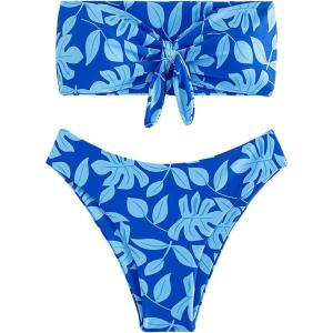 imageSOLY HUX Womens Bandeau Tie Front Tropical Print Bikini Set Bathing Suits 2 Piece SwimsuitBlue Tropical