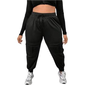 imageSOLY HUX Womens Drawstring High Waisted Cargo Joggers Pants with PocketsPlain Black