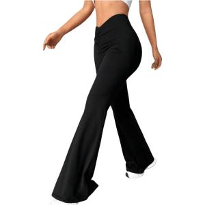 imageSOLY HUX Womens Flare Leg Pants Ruched Elastic Waist Casual Solid PantsPlain Black