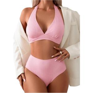 imageSOLY HUX Womens High Waisted Bikini Sets Tummy Control Swimsuits Deep V Neck Halter Two Piece Bathing SuitSolid Pink