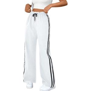 imageSOLY HUX Womens Pants Wide Leg Sweatpants Y2k Casual Drawstring High Waisted Baggy Track Pants Streetwear White Striped M