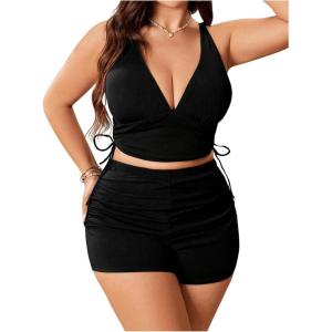 imageSOLY HUX Womens Plus Size Bikini Set Criss Cross Drawstring High Waisted Bathing Suit 2 Piece SwimsuitBlack