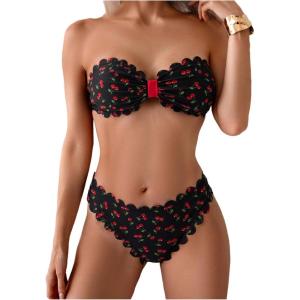 imageSOLY HUX Womens Strapless Bikini Cute Swimsuit Set High Cut Bandeau Bathing Suits Summer Beach WearBlack Cherry