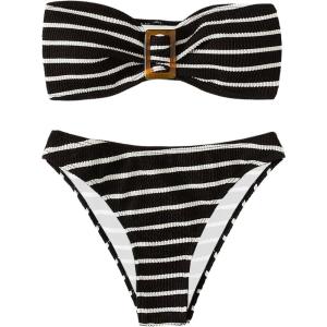 imageSOLY HUX Womens Striped Print Bandeau Bikini Set Strapless Textured Swimsuits Cheeky Summer Bathing SuitsBlack and White