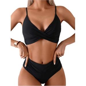 imageSOLY HUX Womens Twist Front Bathing Suit Bikini Sets Two Piece SwimsuitPlain Black