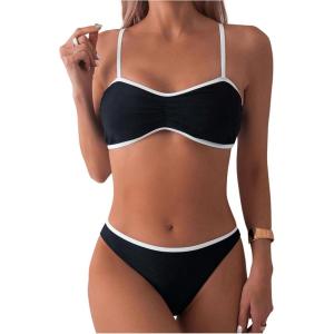 imageSOLY HUX Womens Two Piece Bathing Suit Contrast Binding Ruched Bikini Sets SwimsuitBlack and White