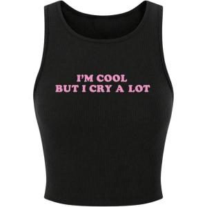 imageSOLY HUX Womens Y2K Letter Print Crop Top Sleeveless Rib Knit Tank Top Summer Vest TopsBlack Printed