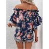 imageSOLY HUX Womens Floral Print Blouse Off Shoulder Ruffle Trim Half Sleeve Summer TopsDark Blue Floral