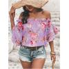 imageSOLY HUX Womens Floral Print Blouse Off Shoulder Ruffle Trim Half Sleeve Summer TopsPurple Floral