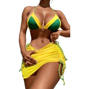 imageSOLY HUX Womens 3 Piece Swimsuit Color Block Halter Triangle Bikini Sets Bathing Suit with Beach SkirtYellow and Green