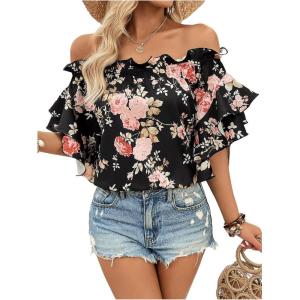 imageSOLY HUX Womens Floral Print Blouse Off Shoulder Ruffle Trim Half Sleeve Summer TopsBlack Floral