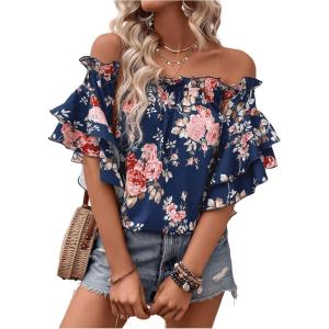 imageSOLY HUX Womens Floral Print Blouse Off Shoulder Ruffle Trim Half Sleeve Summer TopsDark Blue Floral