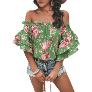 imageSOLY HUX Womens Floral Print Blouse Off Shoulder Ruffle Trim Half Sleeve Summer TopsGreen Floral