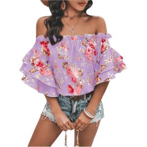 imageSOLY HUX Womens Floral Print Blouse Off Shoulder Ruffle Trim Half Sleeve Summer TopsPurple Floral