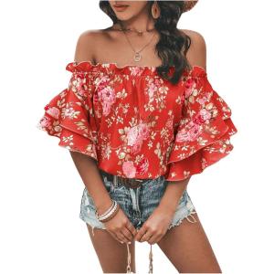 imageSOLY HUX Womens Floral Print Blouse Off Shoulder Ruffle Trim Half Sleeve Summer TopsRed Floral