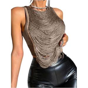 imageSOLY HUX Womens Fringe Trim Crop Tank Top Sleeveless Crew Neck Going Out Party TopsSolid Brown