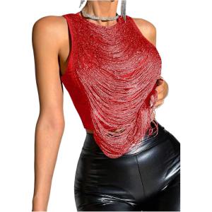 imageSOLY HUX Womens Fringe Trim Crop Tank Top Sleeveless Crew Neck Going Out Party TopsSolid Red