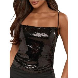 imageSOLY HUX Womens Glitter Sequin Cami Tops Spaghetti Strap Camisole Sleeveless Party Clubwear TopSolid Black