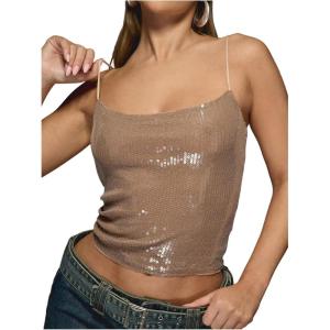 imageSOLY HUX Womens Glitter Sequin Cami Tops Spaghetti Strap Camisole Sleeveless Party Clubwear TopSolid Brown