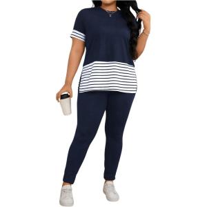 imageSOLY HUX Womens Plus Size 2 Piece Outfits Striped Short Sleeve Tee and Leggings Pants SetDark Blue Striped