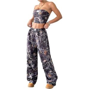 imageSOLY HUX Womens Vintage Camo Outfits Crop Tube Top and Baggy Pants 2 Piece Set StreetwearArmy Green