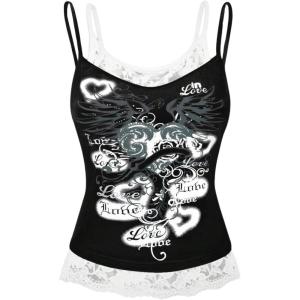 imageSOLY HUX Womens Y2k Gothic Graphic Cami Top Lace Trim Spaghetti Strap Camisole Crop TopsBlack Letter