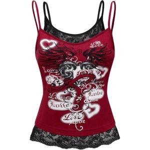 imageSOLY HUX Womens Y2k Gothic Graphic Cami Top Lace Trim Spaghetti Strap Camisole Crop TopsBurgundy Letter