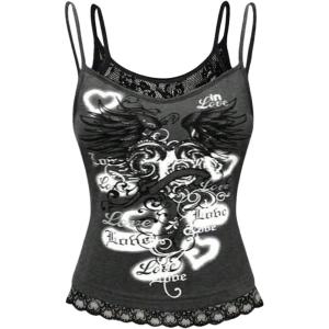 imageSOLY HUX Womens Y2k Gothic Graphic Cami Top Lace Trim Spaghetti Strap Camisole Crop TopsGrey Letter