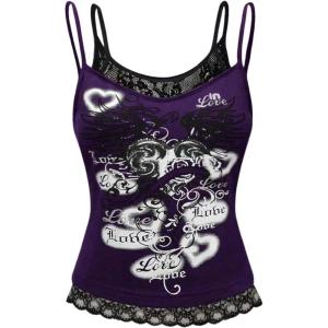 imageSOLY HUX Womens Y2k Gothic Graphic Cami Top Lace Trim Spaghetti Strap Camisole Crop TopsPurple Letter