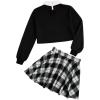 imageSOLY HUX Girls 2 Piece Outfits Letter Print Long Sleeve Pullover Cute Sweatshirt Top and Plaid Mini Skirt SetBlack Letter Plaid