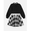 imageSOLY HUX Girls 2 Piece Outfits Letter Print Long Sleeve Pullover Cute Sweatshirt Top and Plaid Mini Skirt SetBlack White