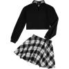 imageSOLY HUX Girls 2 Piece Outfits Letter Print Long Sleeve Pullover Cute Sweatshirt Top and Plaid Mini Skirt SetBlack and White Plaid