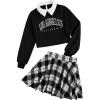imageSOLY HUX Girls 2 Piece Outfits Letter Print Long Sleeve Pullover Cute Sweatshirt Top and Plaid Mini Skirt SetBlack Letter Plaid
