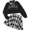 imageSOLY HUX Girls 2 Piece Outfits Letter Print Long Sleeve Pullover Cute Sweatshirt Top and Plaid Mini Skirt SetBlack White