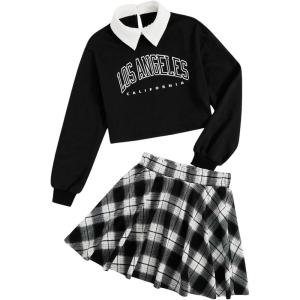 imageSOLY HUX Girls 2 Piece Outfits Letter Print Long Sleeve Pullover Cute Sweatshirt Top and Plaid Mini Skirt SetBlack Letter Plaid