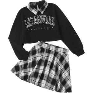 imageSOLY HUX Girls 2 Piece Outfits Letter Print Long Sleeve Pullover Cute Sweatshirt Top and Plaid Mini Skirt SetBlack White