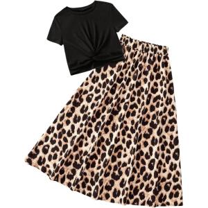 imageSOLY HUX Girls Summer Leopard Skirt Outfits Short Sleeve T Shirt and Long Skirts 2 Piece SetBlack Leopard