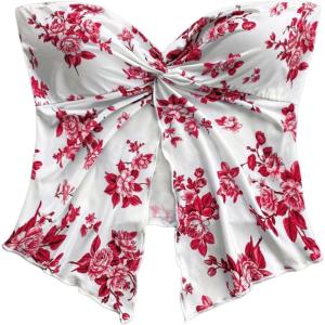 imageSOLY HUX Womens Floral Print Twist Split Tube Crop Top Strapless Sleeveless Asymmetrical Hem Vacation TopsRed Floral
