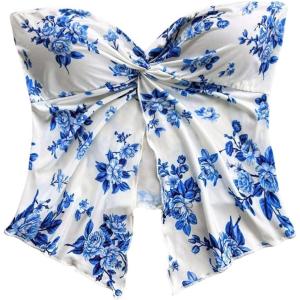 imageSOLY HUX Womens Floral Print Twist Split Tube Crop Top Strapless Sleeveless Asymmetrical Hem Vacation TopsRoyal Blue Floral
