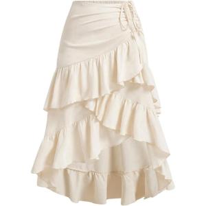 imageSOLY HUX Womens Plus Size Ruched Layered Ruffle Drawstring Skirt High Waisted Asymmetrical Hem Midi SkirtsPlain Apricot