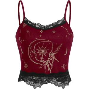 imageSOLY HUX Womens Y2k Lace Trim Cami Crop Top Sun Moon Print Casual TopsBurgundy Figure