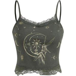 imageSOLY HUX Womens Y2k Lace Trim Cami Crop Top Sun Moon Print Casual TopsGreen Figure