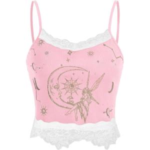 imageSOLY HUX Womens Y2k Lace Trim Cami Crop Top Sun Moon Print Casual TopsLight Pink Figure