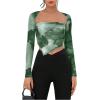 imageSOLY HUX Sexy Crop Tops for Women Long Sleeve Square Neck Asymmetrical Y2k Going Out Crop Tops Fall Outfits for WomenGreen Tie Dye